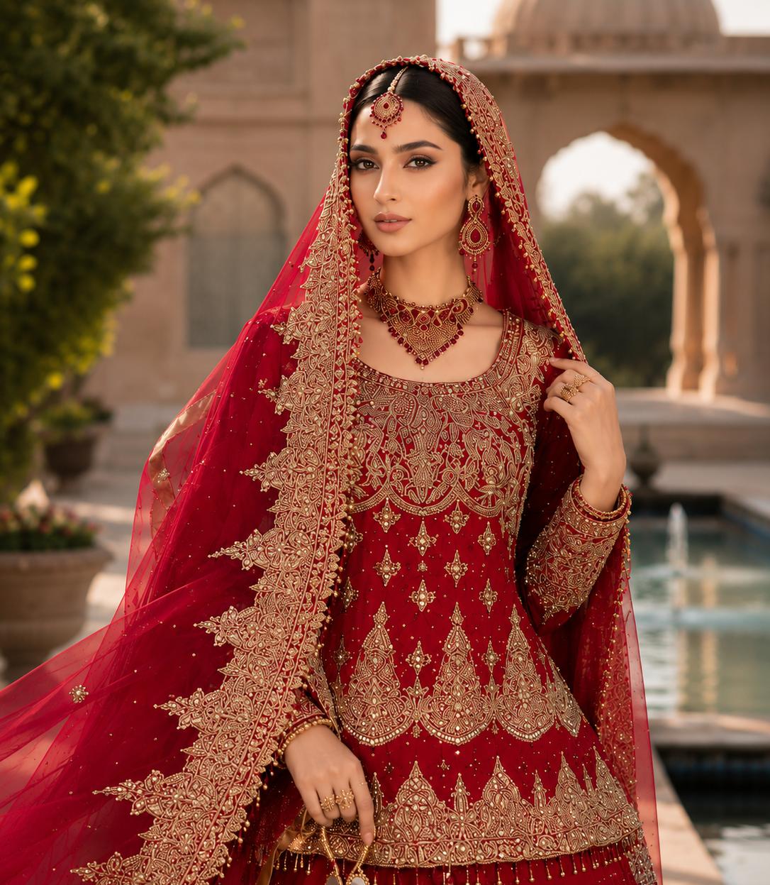 Gul-e-Anar Crimson Bridal Lehenga Choli Set