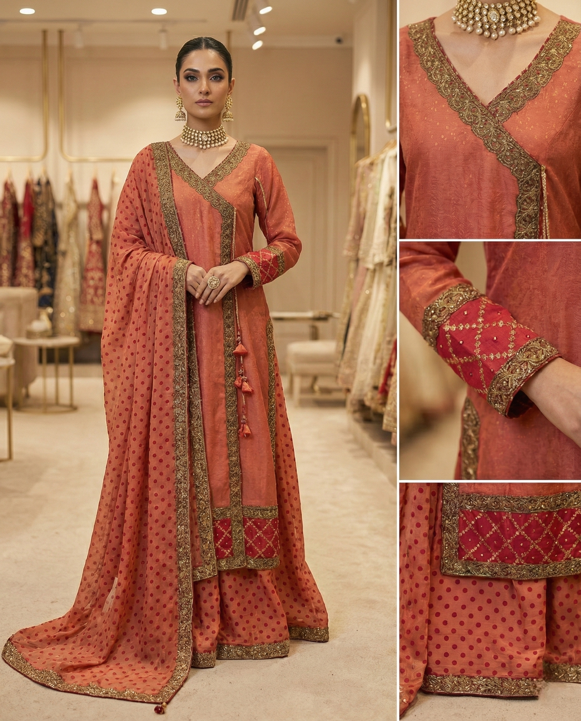 Rust Embroidered Angrakha & Sharara