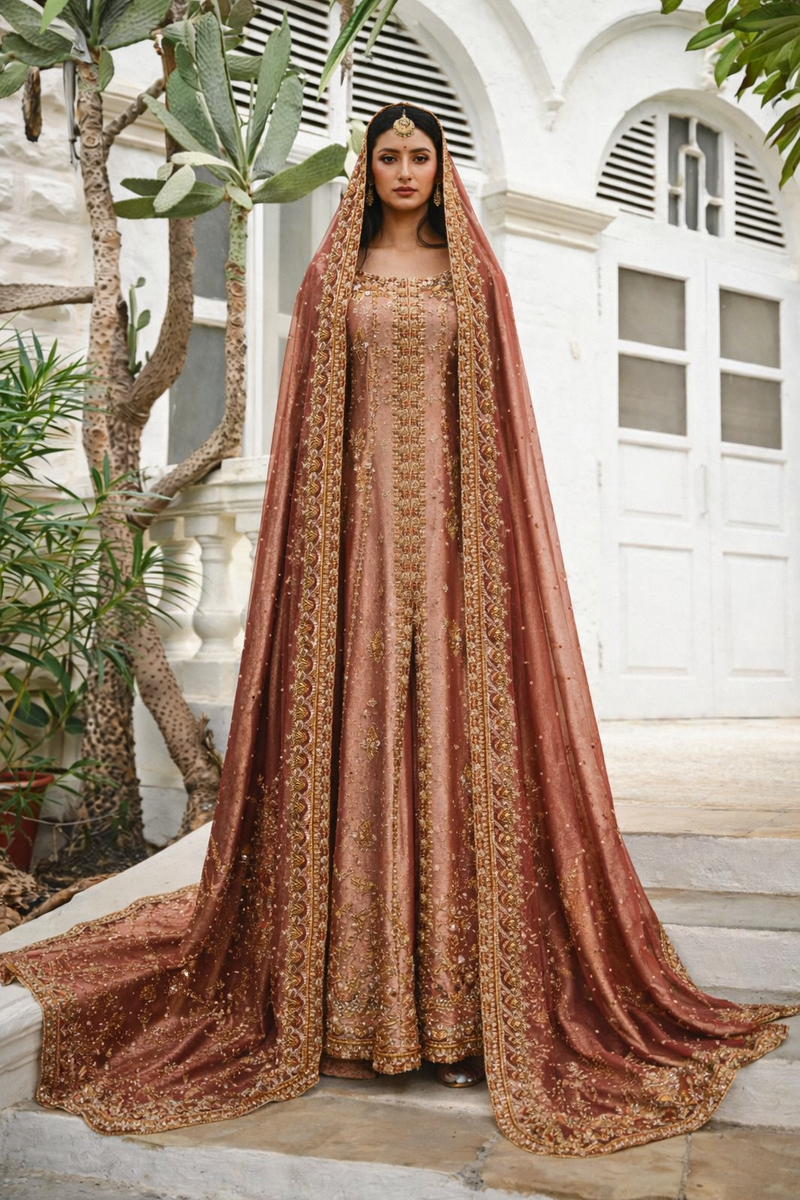 Woman in a traditional embroidered dress standing outdoors with plants and a white building in the background