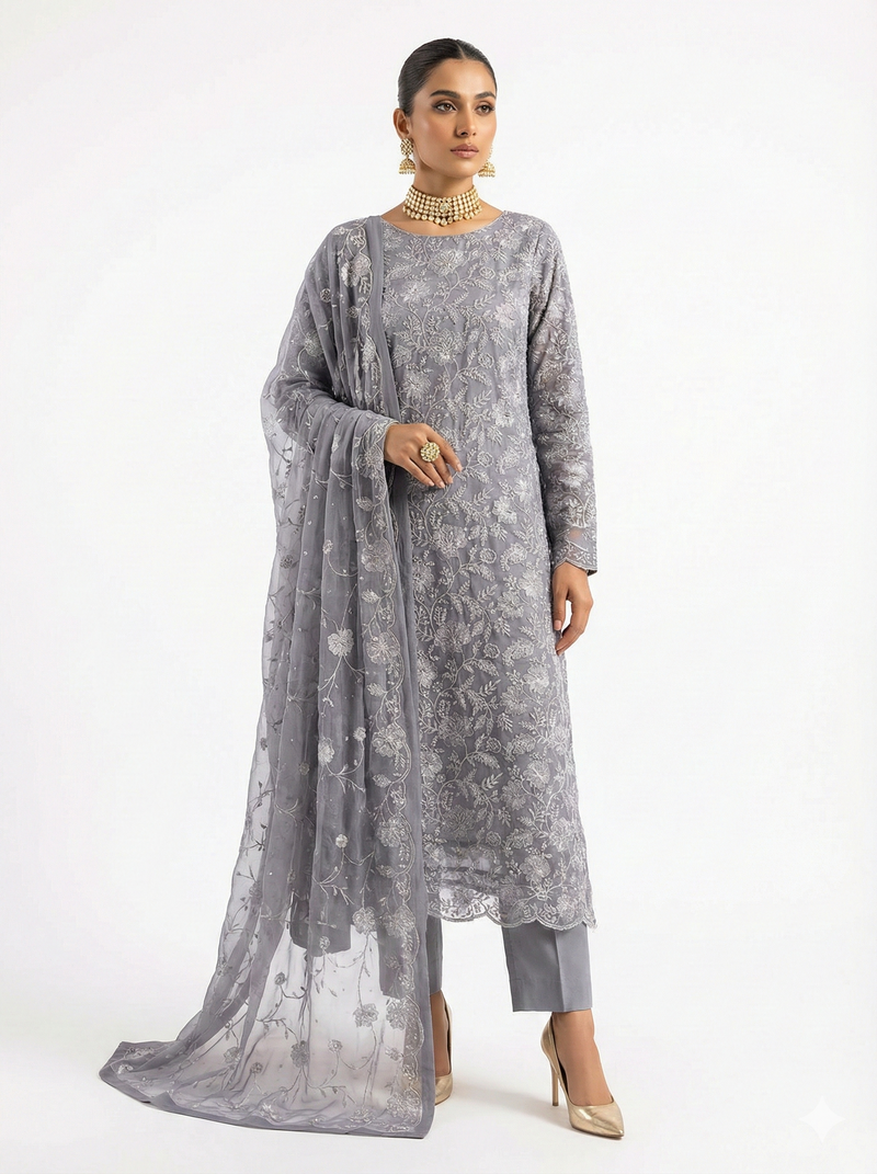 Woman wearing a gray traditional outfit with a matching dupatta on a white background